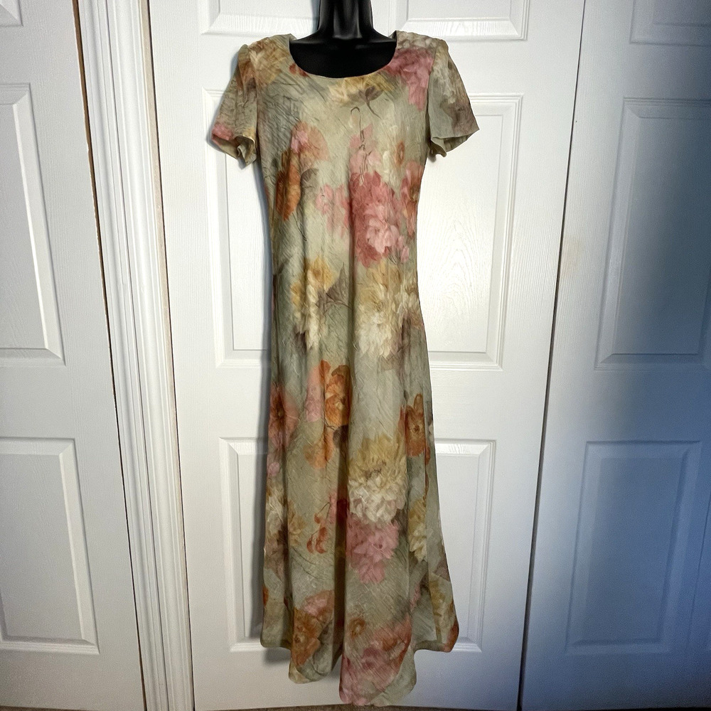 90s vintage Jessica Howard Fairycore Watercolor Floral Maxi Dress in Sage, Pink